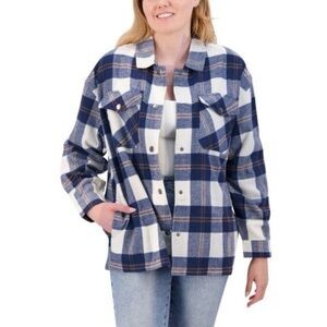HFX Women’s Flannel Shirt Jacket Shacket Wool Blend Button Front Blue Plaid XXL